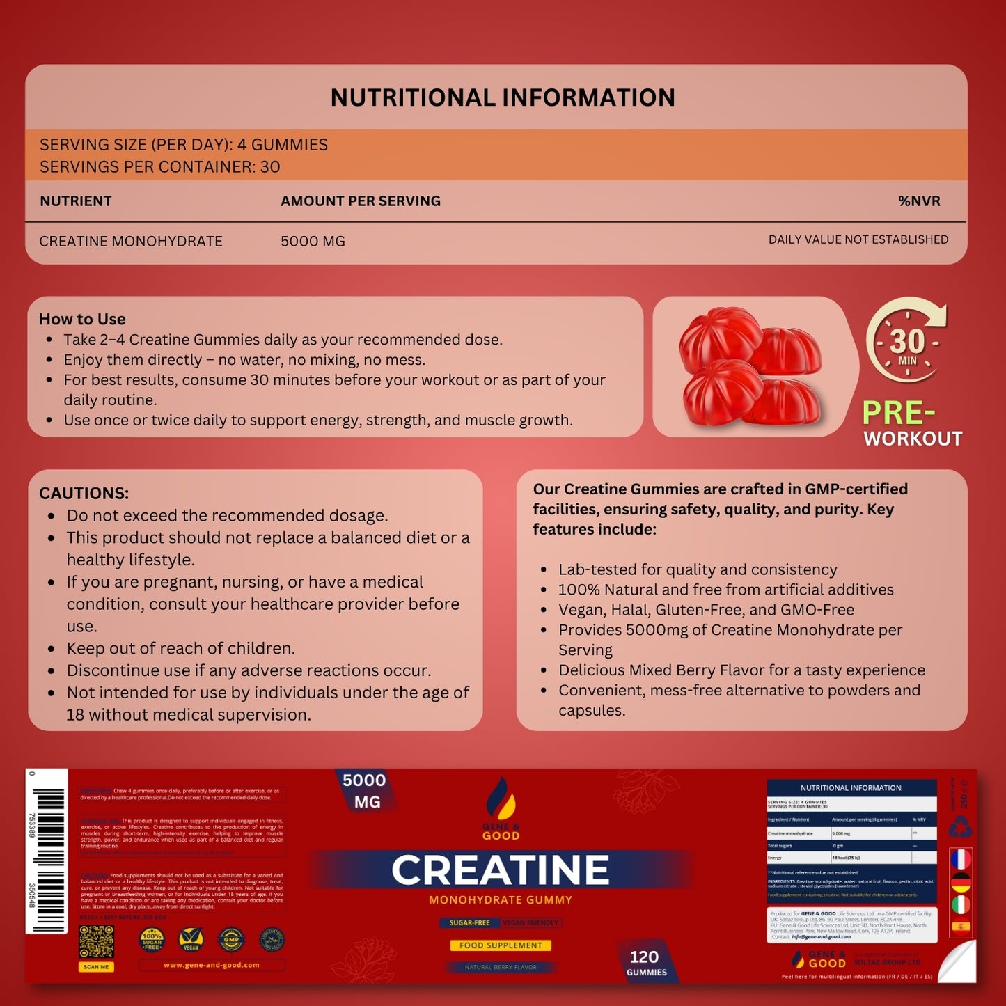 Back label of Gene & Good Creatine Monohydrate Gummies showing nutrition facts, ingredients and directions for use