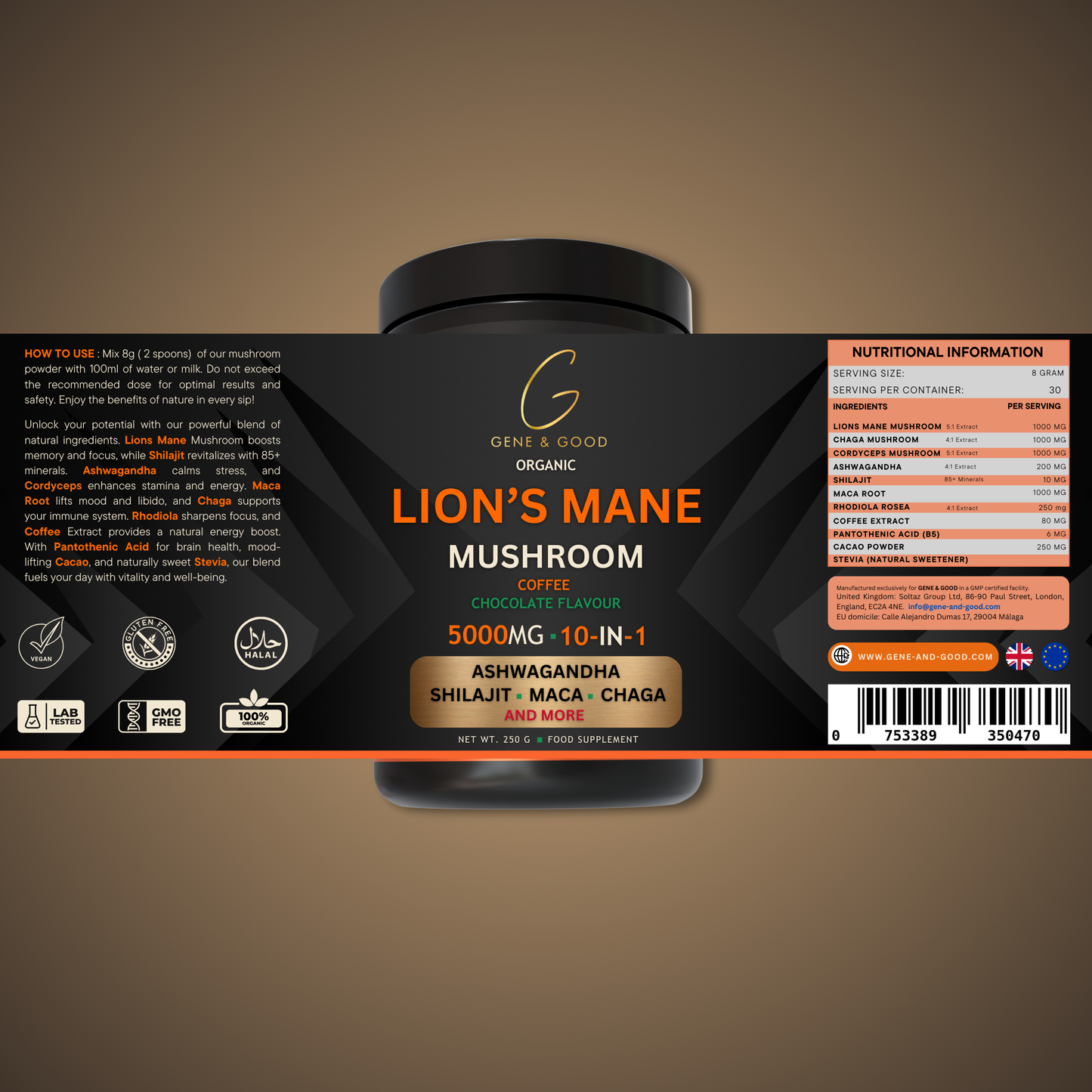 Gene & Good® Lion's Mane Mushroom Coffee | 5000mg Vegan Blend | 250g