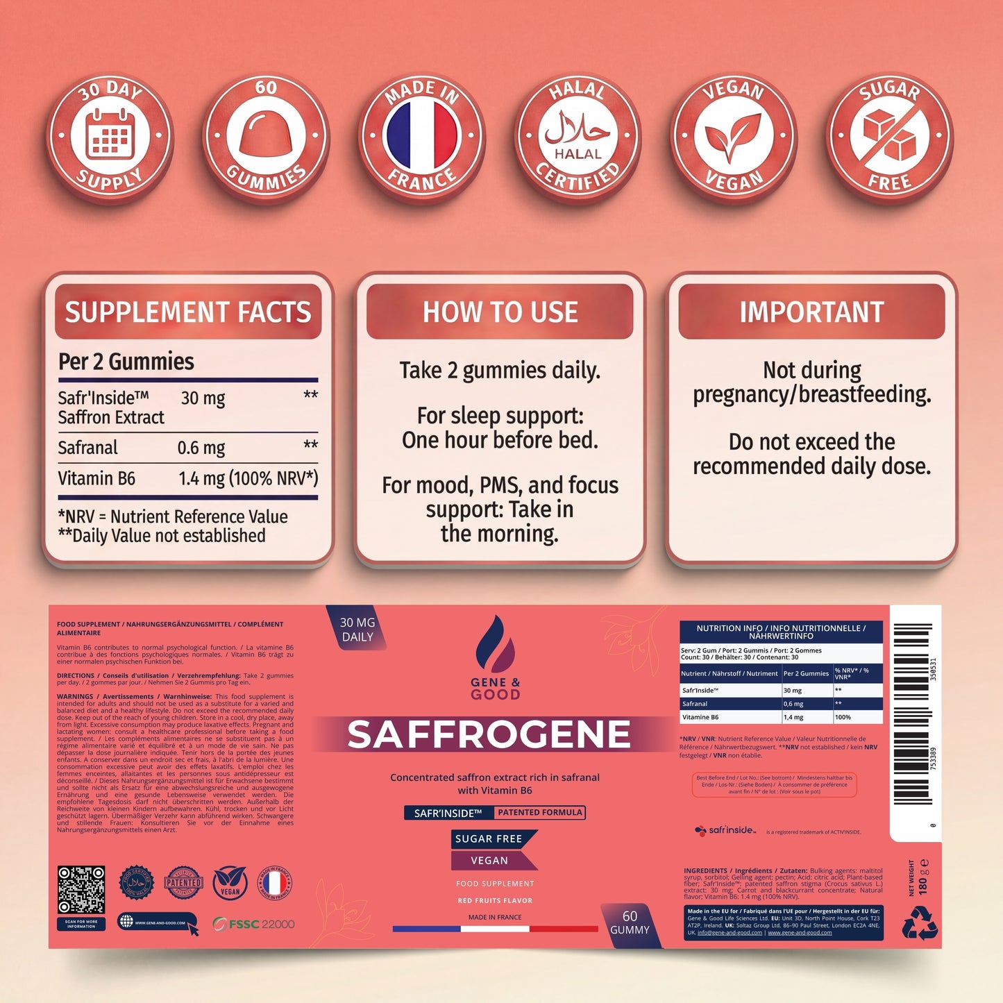 SaffroGene® Saffron Gummies – Anti-Stress, Mood, Focus & Sleep Support | Vegan Vitamin B6 | Made in France – 60 Gummies