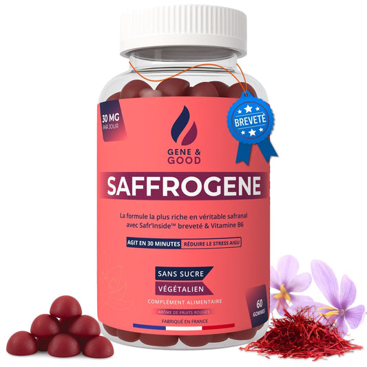 Bottle of Saffrogene supplement with red capsules on a white background