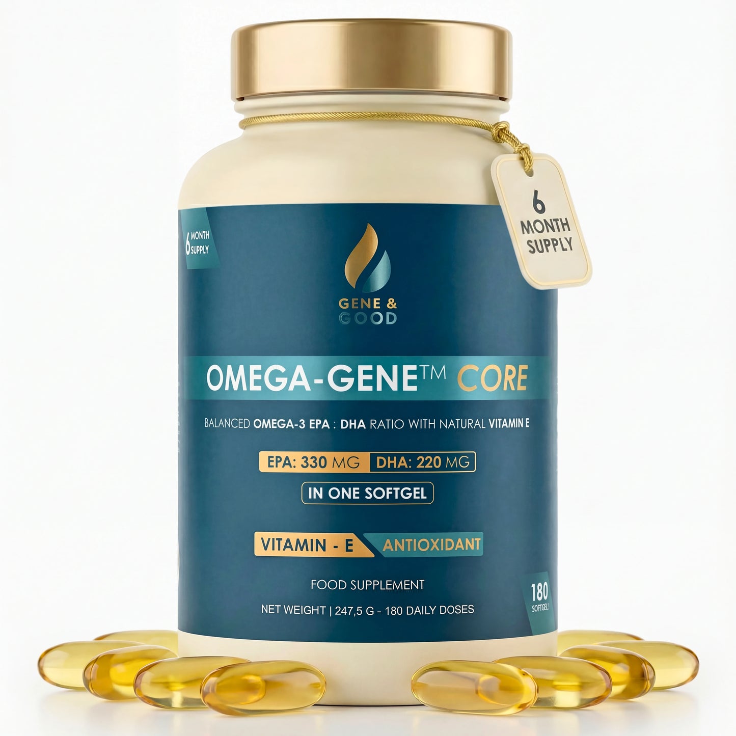 Omega-Gene™ Core – Premium Omega-3 Fish Oil with Vitamin E | 550 mg EPA+DHA | 180 Softgels | Heart, Brain & Vision Support