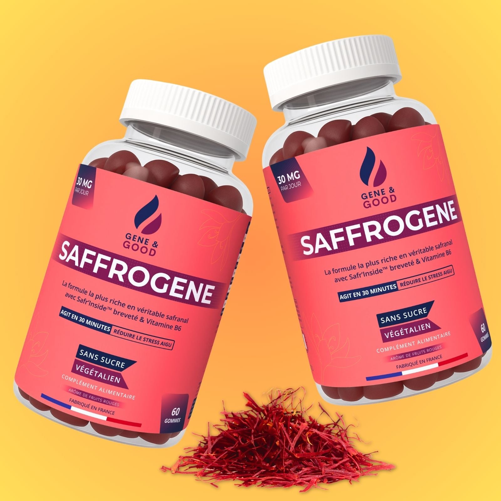 Two bottles of Saffrogene supplement with saffron on a yellow background