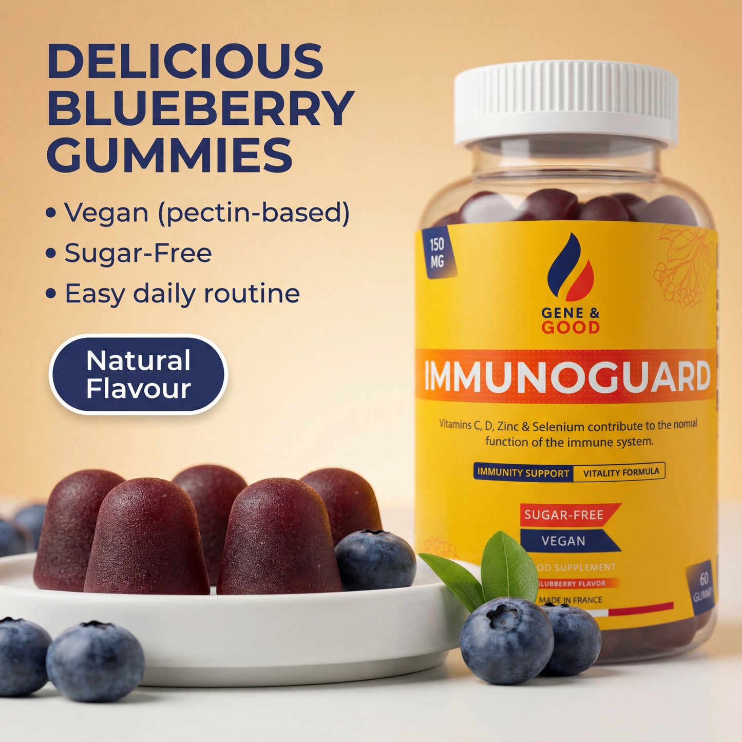 ImmunoGuard Immunity Gummies – Blueberry | Elderberry + Beta-Glucan | Vitamins C & D, Zinc & Selenium | Vegan Sugar-Free | 60 Gummies