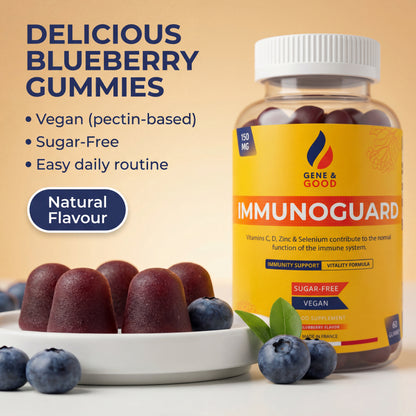 ImmunoGuard Immunity Gummies – Blueberry | Elderberry + Beta-Glucan | Vitamins C & D, Zinc & Selenium | Vegan Sugar-Free | 60 Gummies