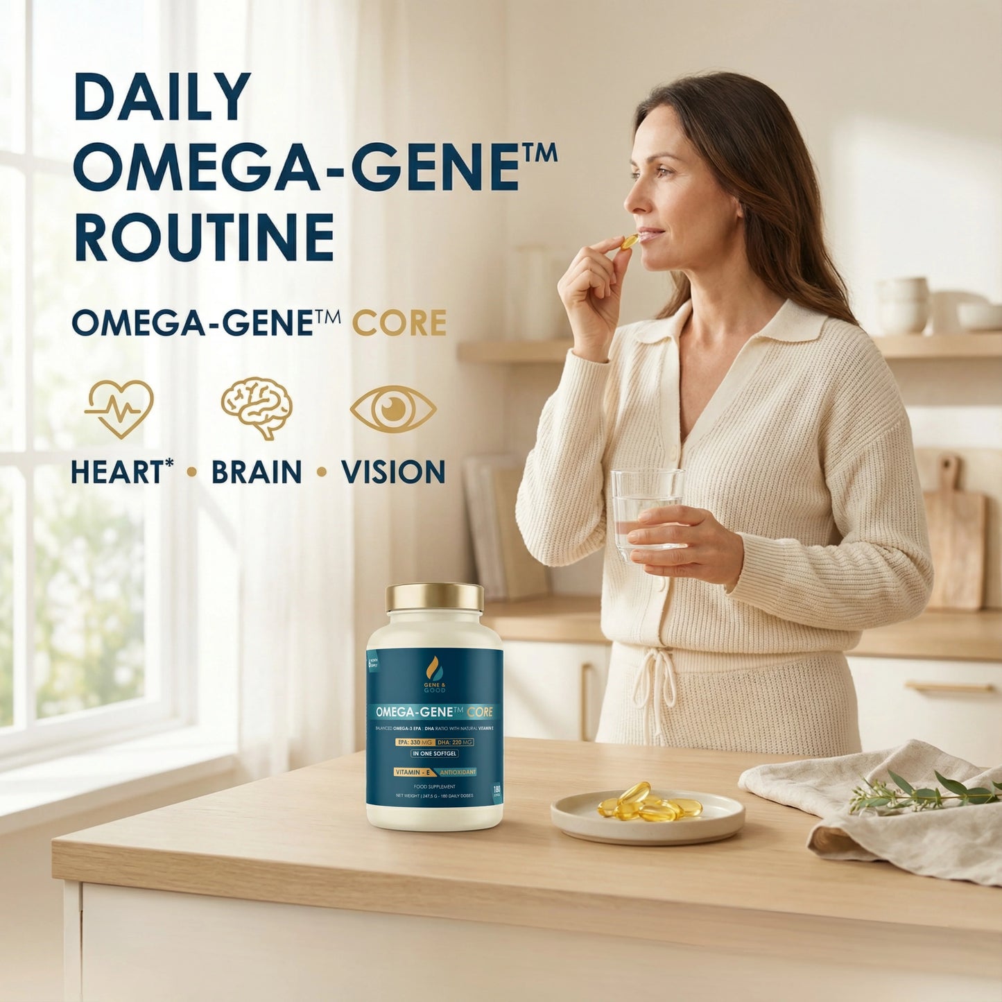 Omega-Gene™ Core – Premium Omega-3 Fish Oil with Vitamin E | 550 mg EPA+DHA | 180 Softgels | Heart, Brain & Vision Support