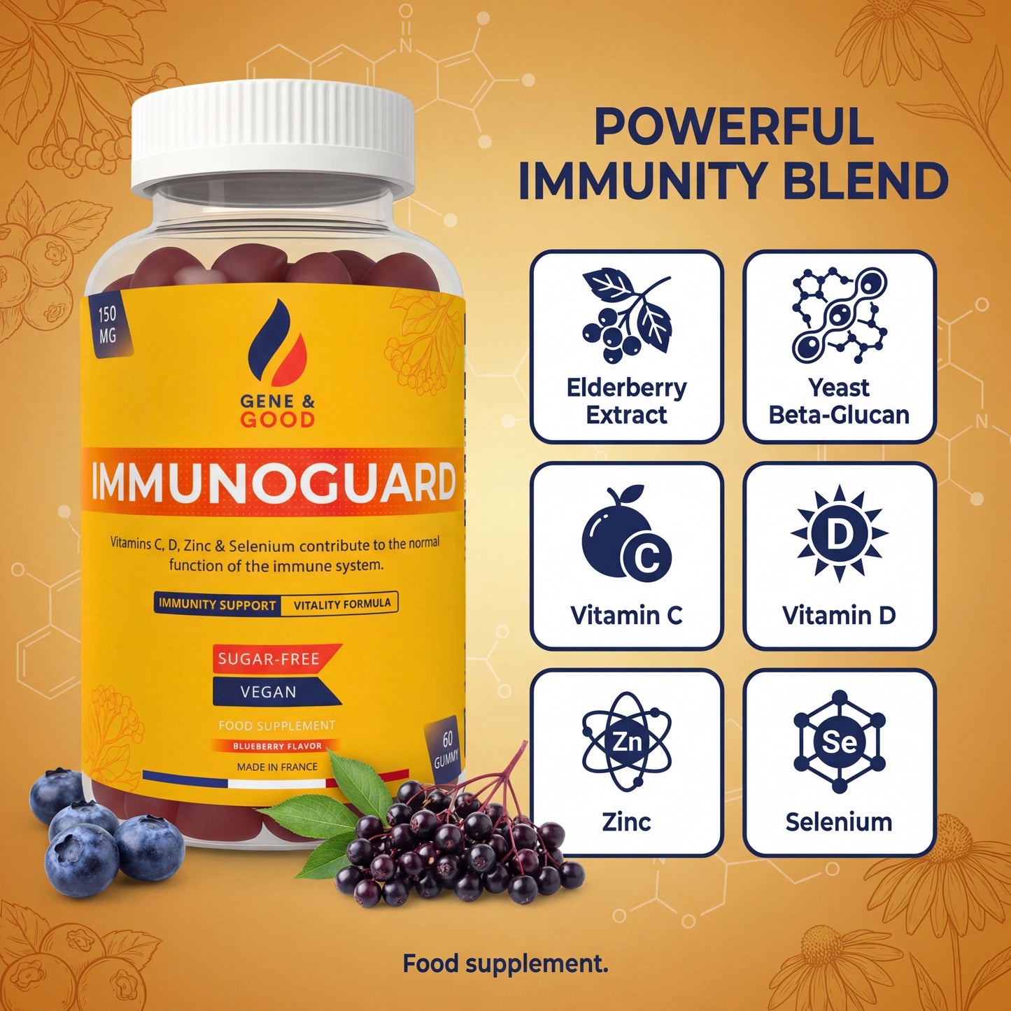 ImmunoGuard Immunity Gummies – Blueberry | Elderberry + Beta-Glucan | Vitamins C & D, Zinc & Selenium | Vegan Sugar-Free | 60 Gummies