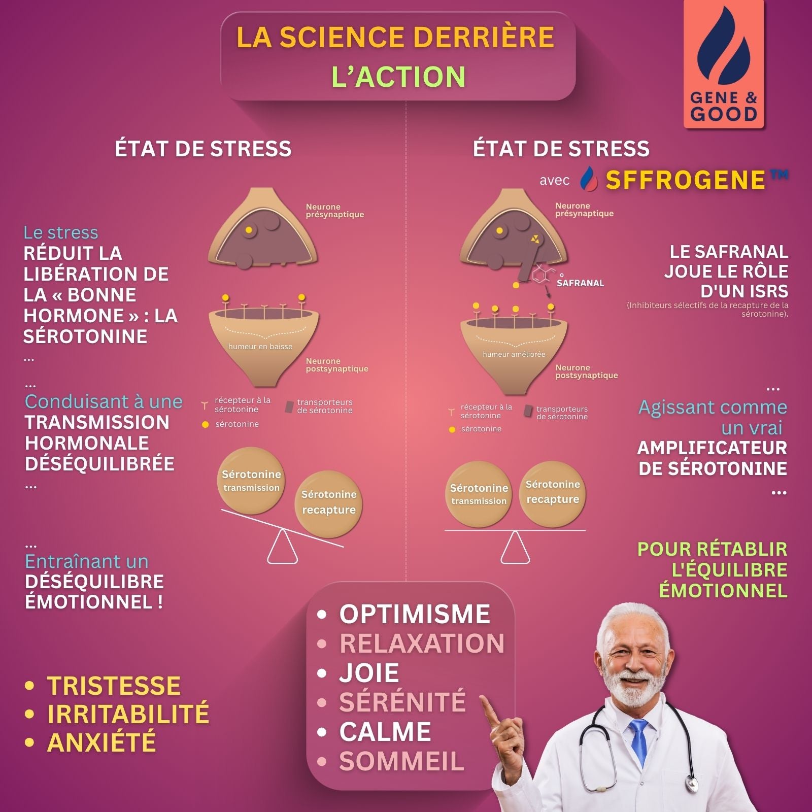 Diagram explaining stress effects on hormones with a doctor on a pink background