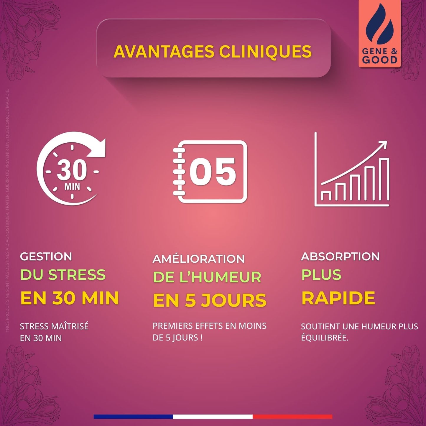 Clinical advantages infographic with time-saving and mood improvement benefits on a pink background.