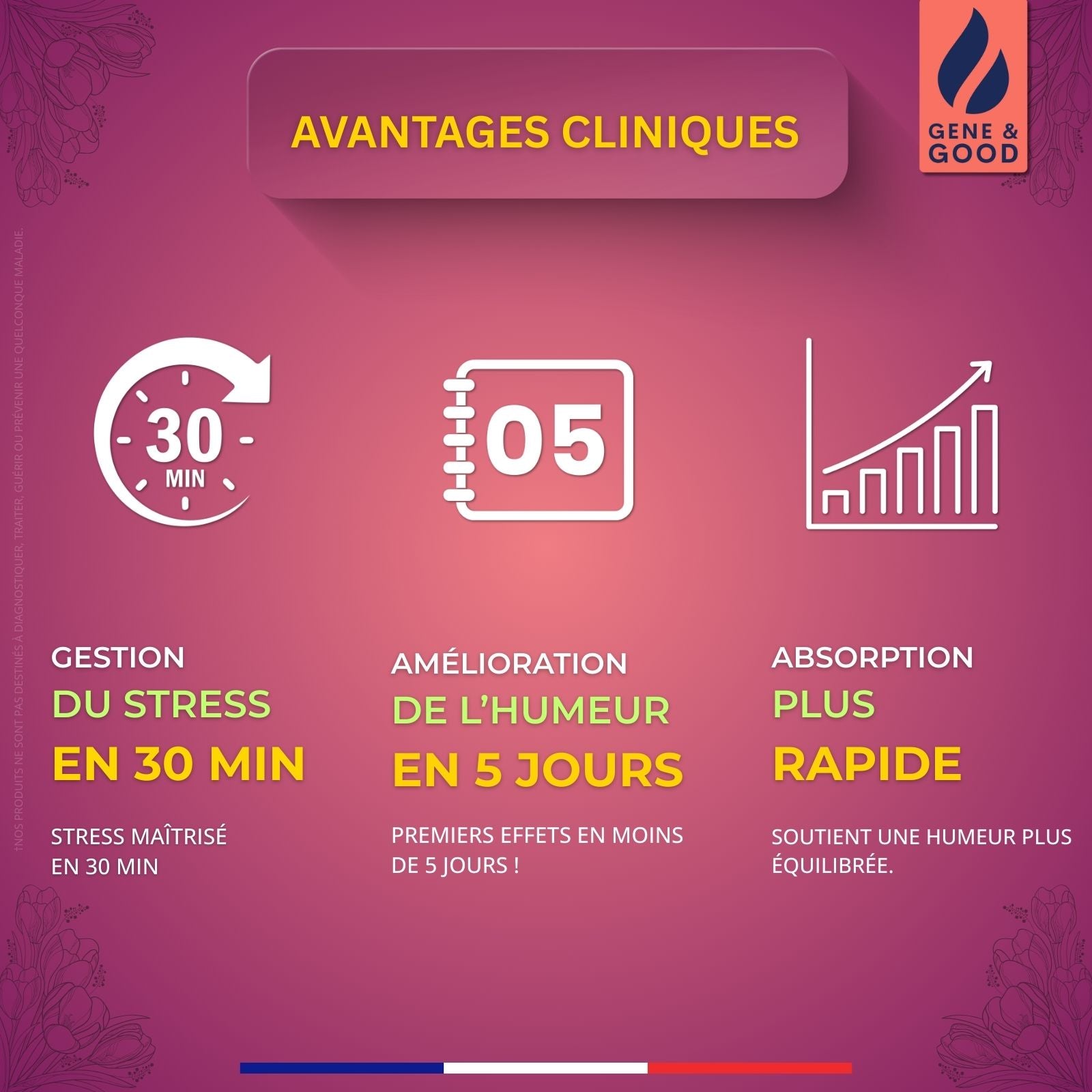 Clinical advantages infographic with time-saving and mood improvement benefits on a pink background.
