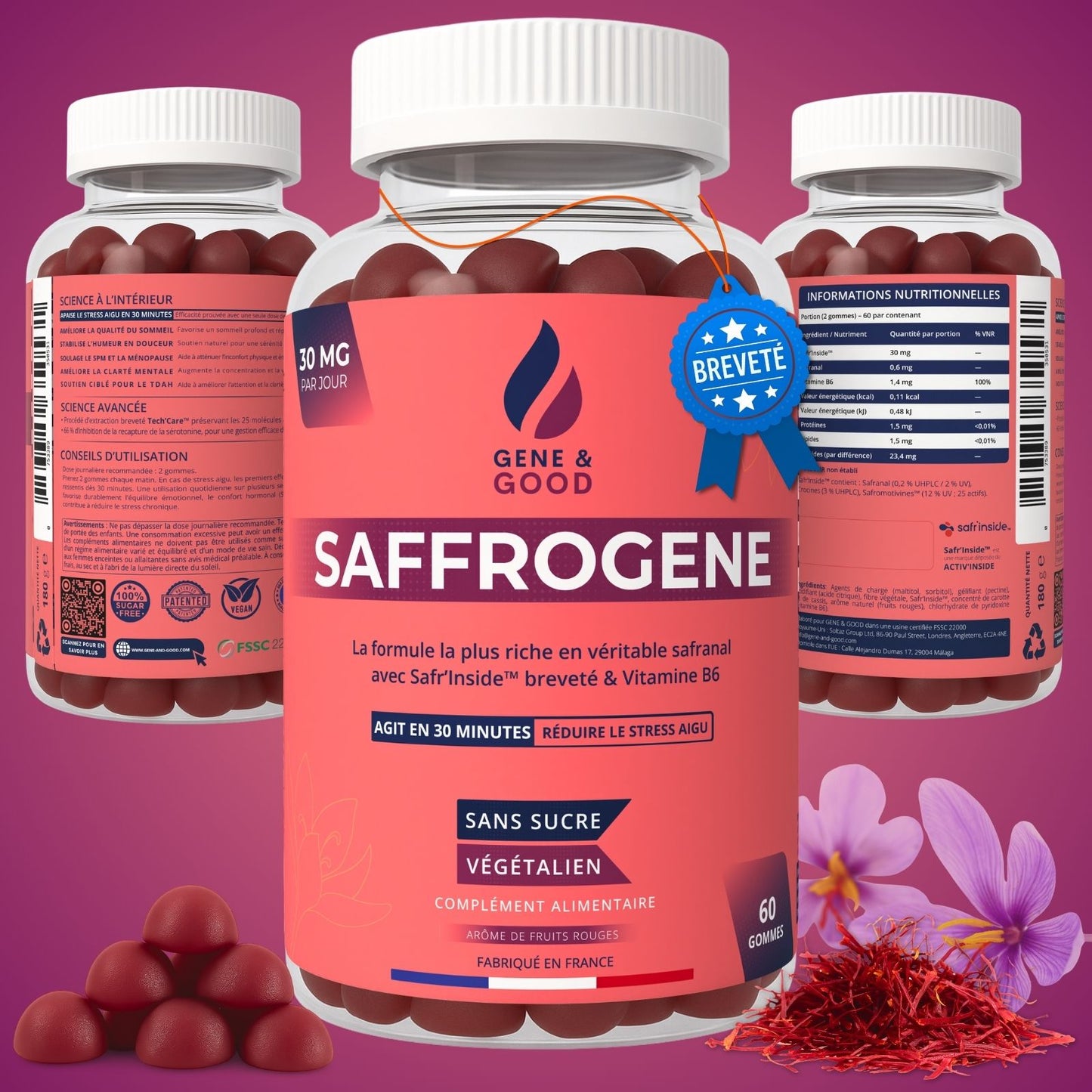 Bottle of Saffrogene supplement with visible branding and product details on a pink background