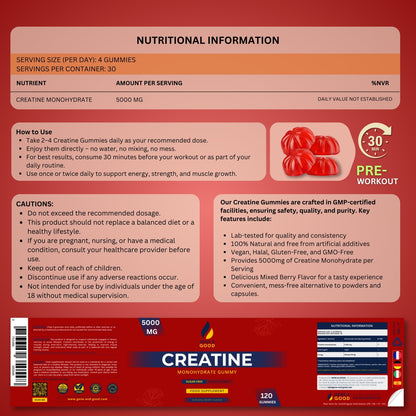 Back label of Gene & Good Creatine Monohydrate Gummies showing nutrition facts, ingredients and directions for use