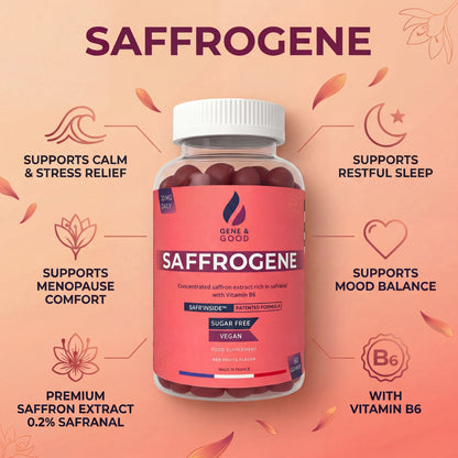 SaffroGene® Saffron Gummies – Anti-Stress, Mood, Focus & Sleep Support | Vegan Vitamin B6 | Made in France – 60 Gummies