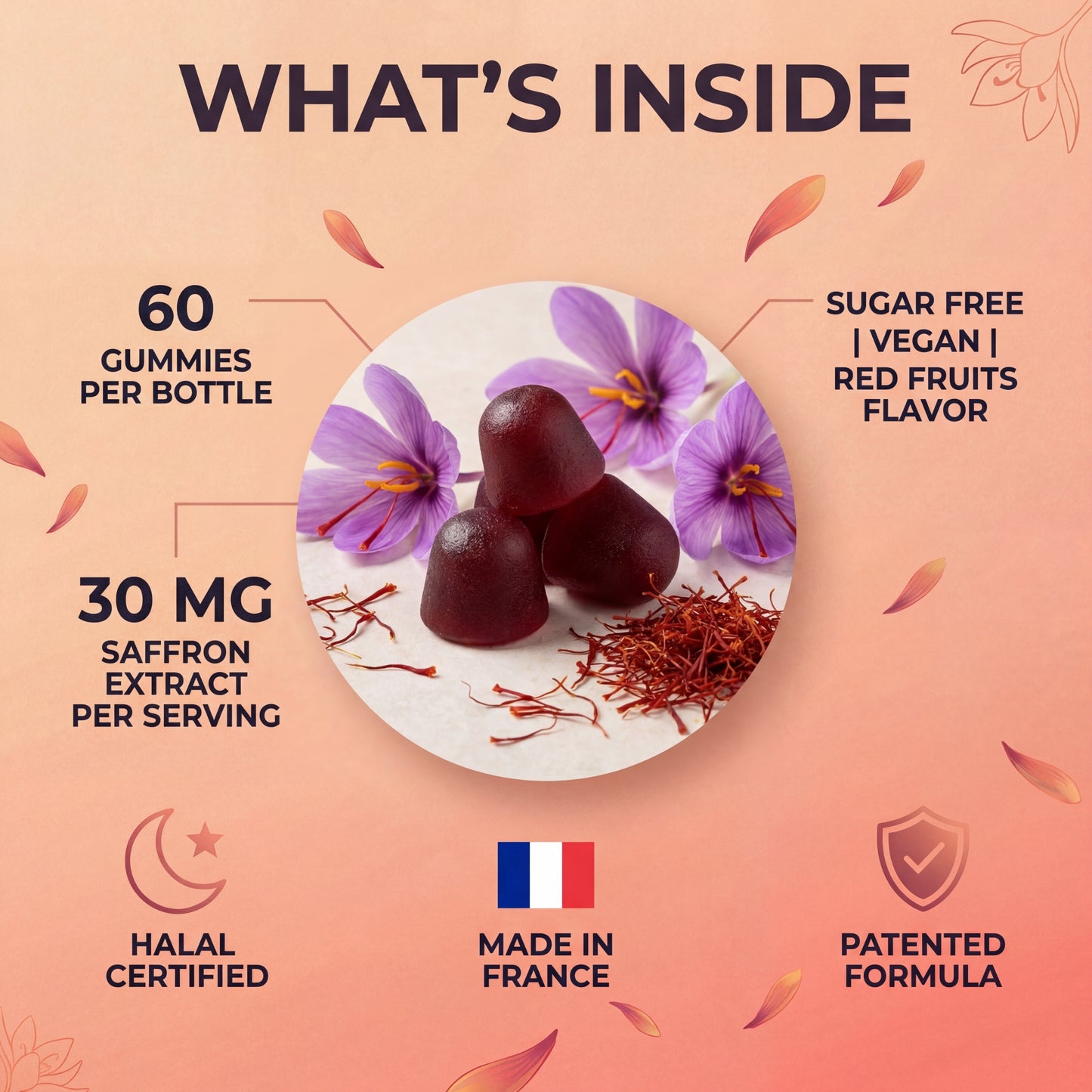 SaffroGene® Saffron Gummies – Anti-Stress, Mood, Focus & Sleep Support | Vegan Vitamin B6 | Made in France – 60 Gummies